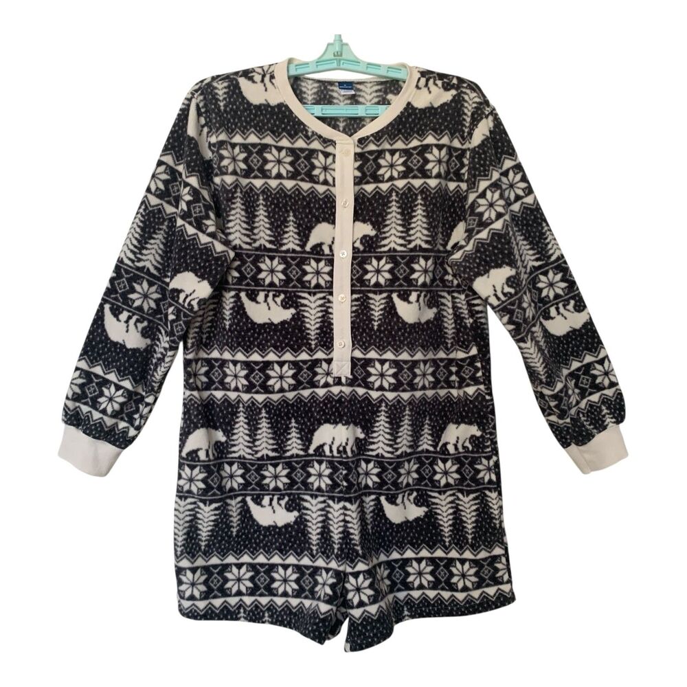Old Navy Fleece PJs SZ M Women's Romper Black White One Piece Christmas Winter - Picture 1 of 14